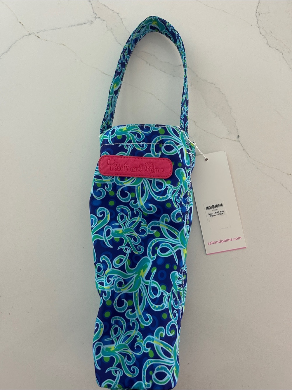 Salt & Palms Blue Patterned Bottle Tote with Pink Logo